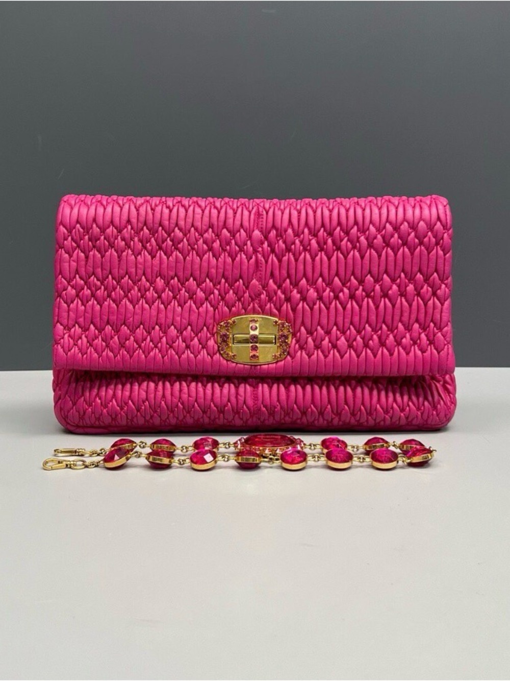 Miu Miu Hot Pink Woven Satin Clutch with Gold Hardware